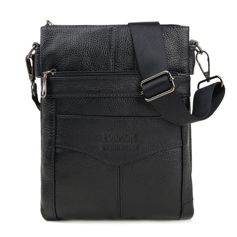 Sac bandoulière homme business rétro en cuir véritable noir, style business décontracté, fermeture éclair.