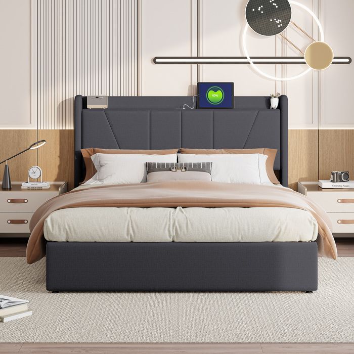 Letto contenitore 160 x 200 cm, letto 160x200 con base a doghe, letto per adulti con porta USB, struttura letto, con testiera, grigio scuro, materiale