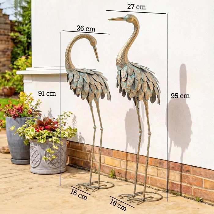 Conjunto de 2 estatuas de jardín - Escultura de garza - Outsunny - 91/95 cm - para patio, estanque, terraza - Dorado/Azul
