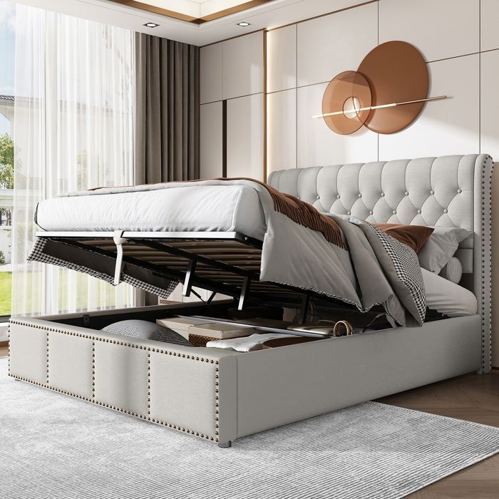 Cama con almacenamiento, cama tapizada con palanca hidráulica, cama para adultos de 140x200 cm, gris claro.