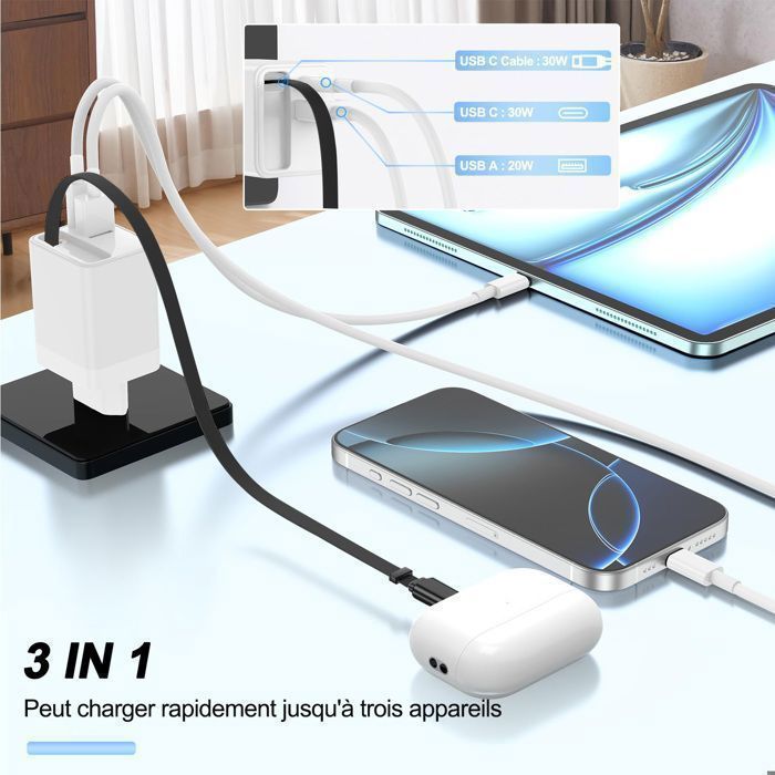 FOSMET 80W Fast Charger, Multi-Socket Replacement, Super Fast Charging, with Retractable Cable, for iPhone/Samsung/Huawei/Galaxy