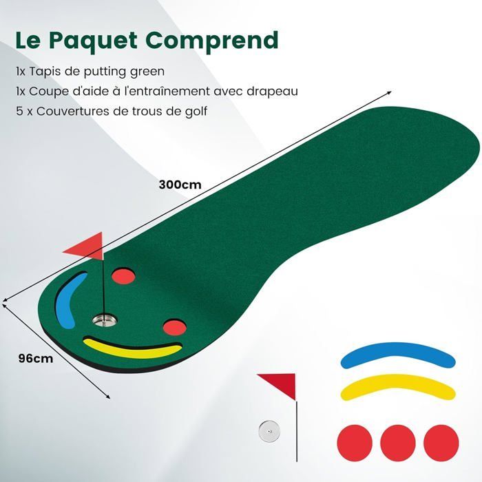 Tapete portátil para practicar golf - COSTWAY - 300 x 96 cm - Superficie True-roll - 3 hoyos - 2 obstáculos