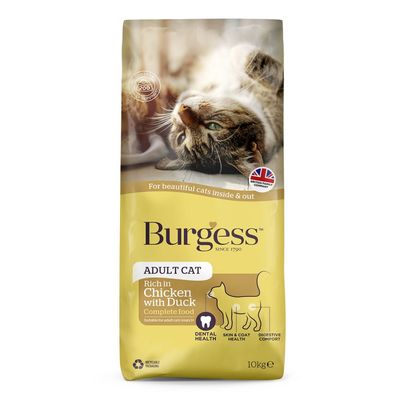 Burgess Adult -kissanruoka, jossa on runsaasti kanaa ja ankkaa