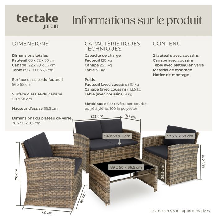 Muebles de jardín - TECTAKE - JESOLO Conjunto de salón de exterior con sofá y 2 sillones (4 plazas) con mesa - Marrón natural/Gris oscuro