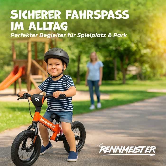Orange Rennmeister balance bike for children, pedal-free, with suspension, max weight capacity 50kg, drum brakes, shock-absorbing padding, and a cycling saddle.