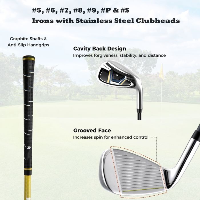 Conjunto de tacos de golfe masculino de 15 peças com bolsa - 10 tacos - Pilots - Ferros - Híbrido - Fairway - Putter, 3 capas protetoras