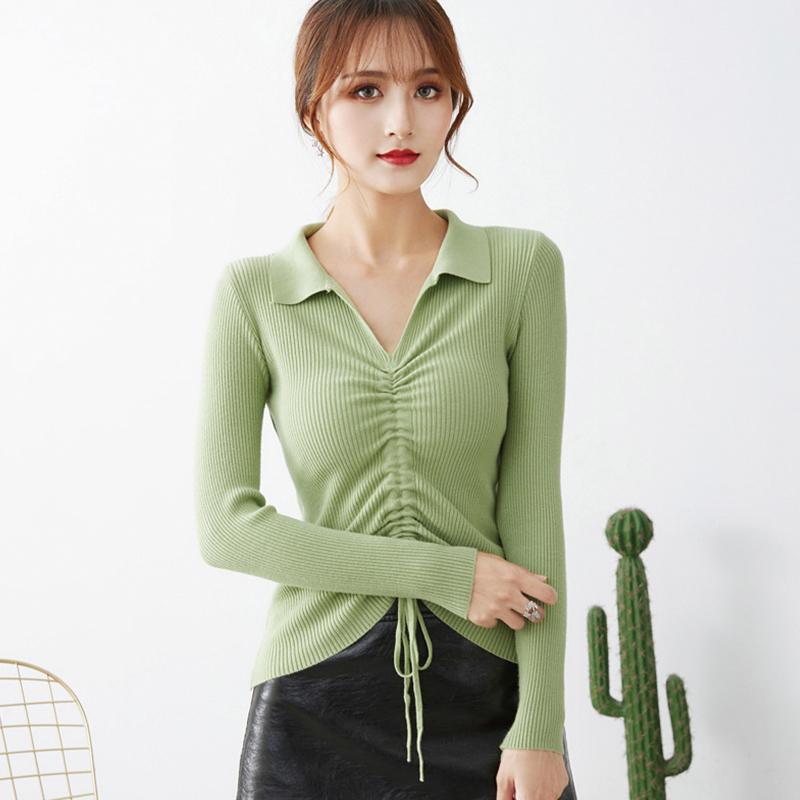 Suéter de otoño para mujer, sexy, elegante, con cuello en V, manga larga, tejido de punto, informal, con cordones, jersey básico, Swater para mujer.