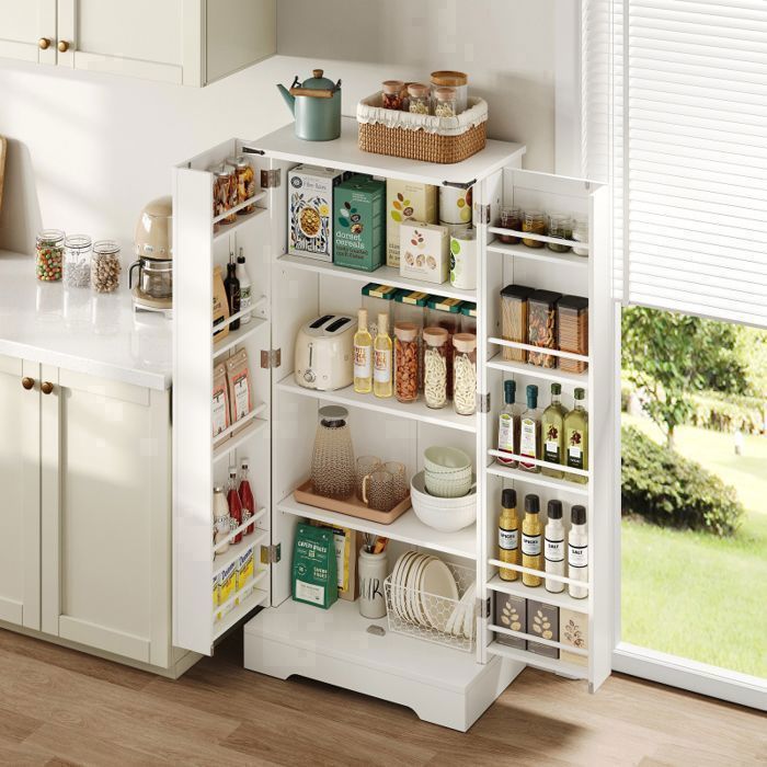 Buffet de Cuisine avec Éclairage LED Intégré - Meuble Armoire Haut 128cm pour Petit Espace - 2 Portes et 10 Étages Réglables