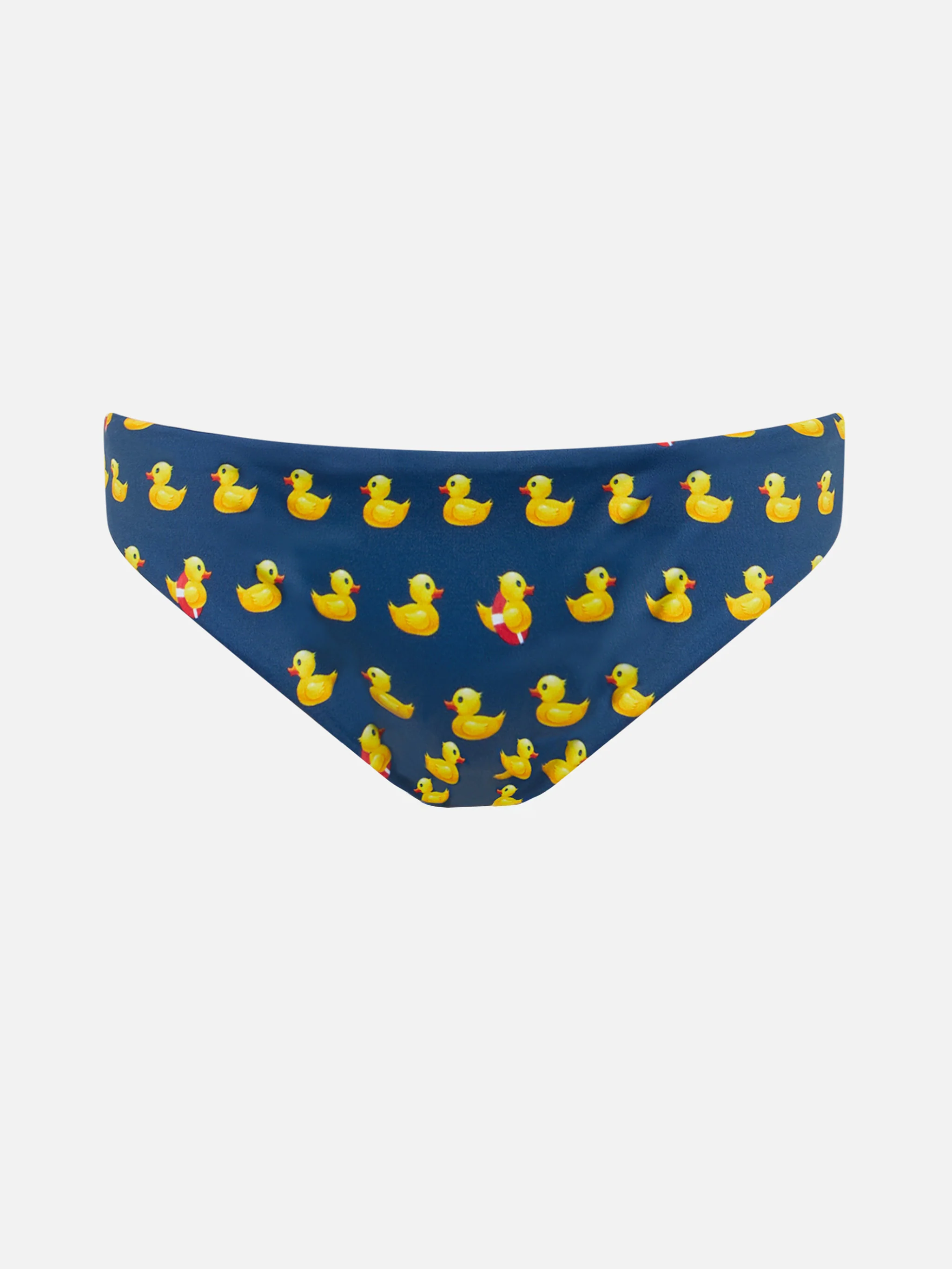 Calção de banho infantil com estampa de laço e patinhos.