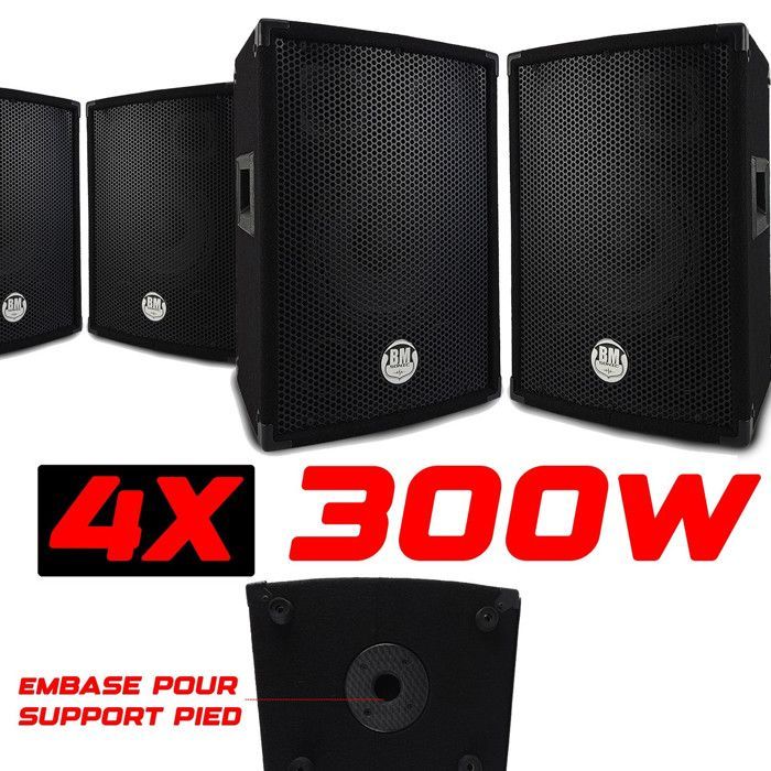 Pacchetto sistema audio totale da 1200 W - 4 altoparlanti passivi BM SONIC BMS da 300 W (neri) - Cavi per altoparlanti - Festa - Compleanno - Matrimonio - DJ