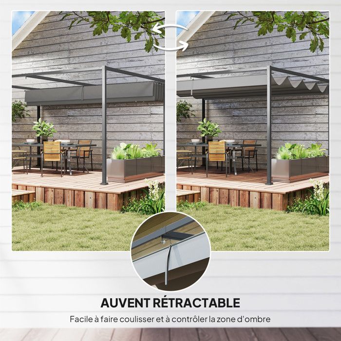 Pérgola corredera Outsunny - 4 x 3 m - Estructura metálica con revestimiento epoxi anticorrosión - Tejido de poliéster de alta densidad de 180 g/m² - Gris oscuro