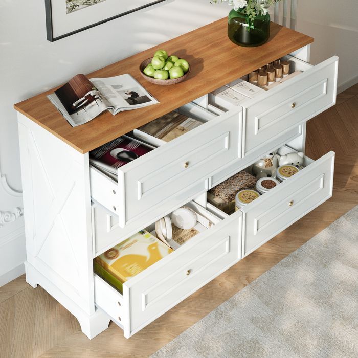 ELVMI Buffet en dressoir met 6 lades, groot blad - ELVMI - Landelijke stijl voor woonkamer/hal, wit en naturel MDF, 120×40×76 cm