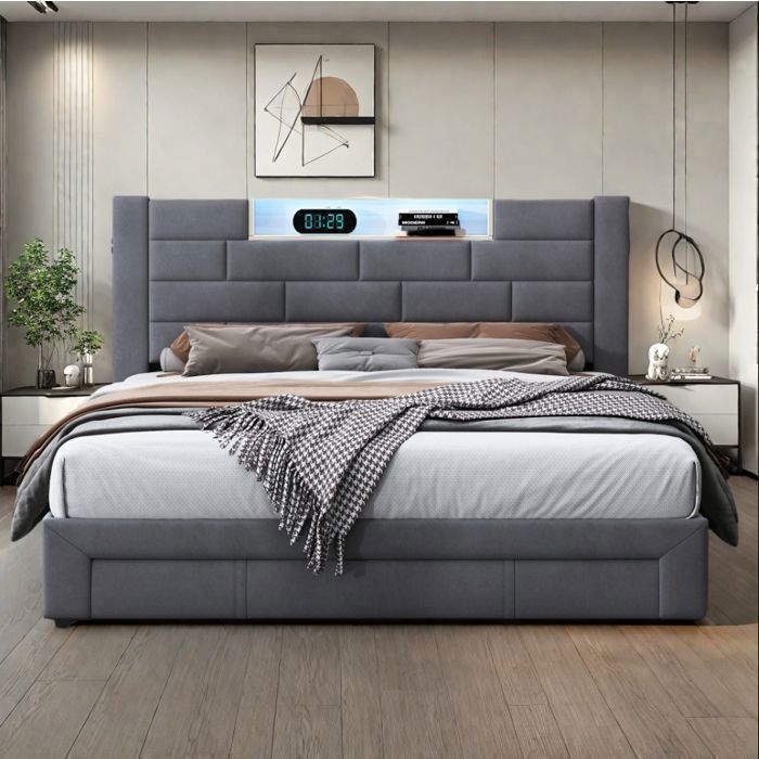 Cama de 140x190 cm - TANANT - Cama para adultos con iluminación LED - 3 cajones - Tapizado en terciopelo gris - Cama doble