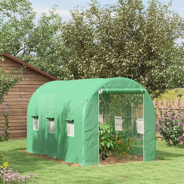 Estufa Túnel Outsunny - Estufa para Tomates, 8 m² de Área, Estrutura Reforçada, Porta com Zíper - PE - 4x2x2,05m - Verde