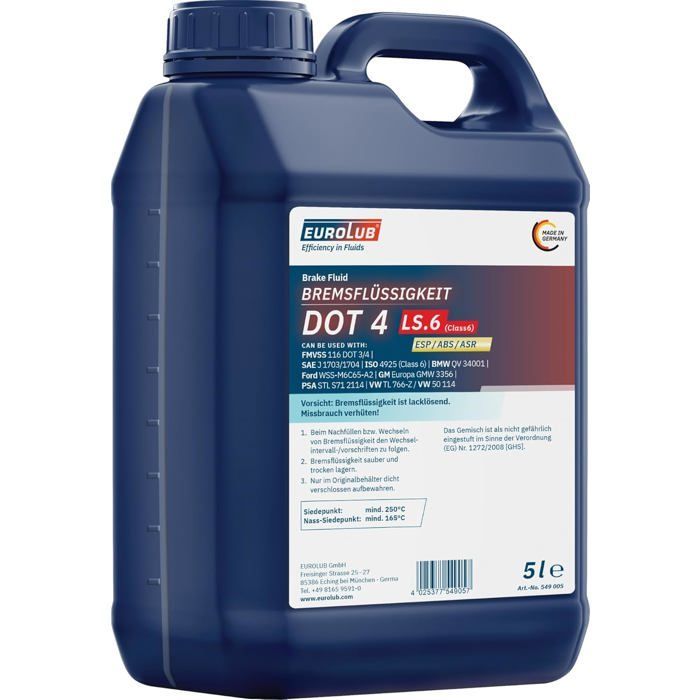 EUROLUB DOT4 LS.6 Brake Fluid, 5 Liters, Low Viscosity