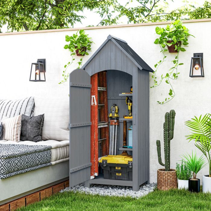 Casinha de jardim de madeira - Outsunny - Casinha de jardim, depósito de ferramentas, cabana de madeira com telhado de betume - Cinza - 77,5 x 54,2 x 179,5 cm