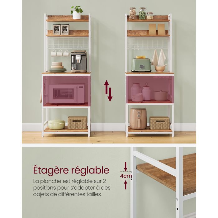 Carrito de cocina con regleta, 40 x 60 x 170 cm, color avellana claro y blanco.