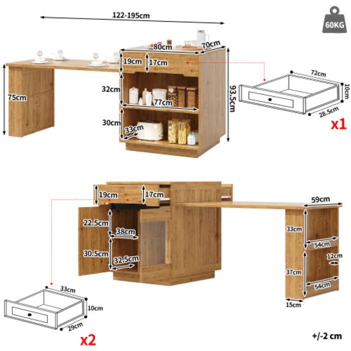 Îlot de cuisine avec table extensible, éclairage LED, finition effet chêne, tiroirs, porte vitrée et espaces de rangem ILOT CENTRAL