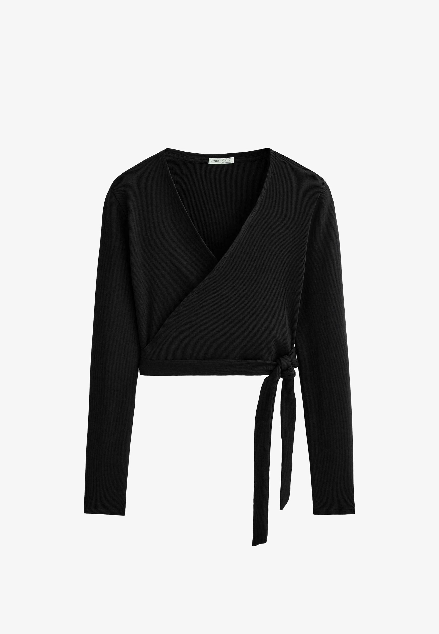 OYSHO RIB KATOENEN WRAP - Top met lange mouwen - zwart