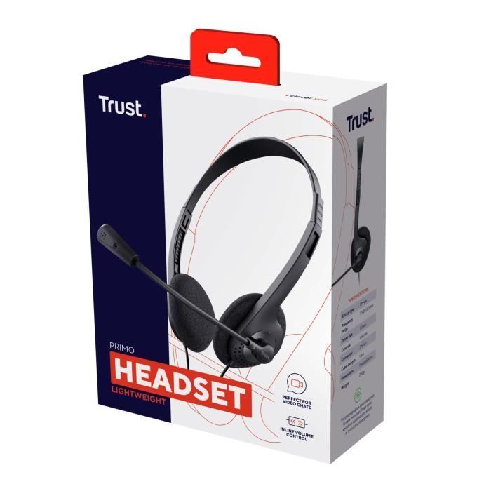 Auriculares supraaurales ligeros Trust Primo con micrófono de 3,5 mm, cable de 1,8 m y cable ajustable para trabajo remoto, chat de oficina y Zoom.