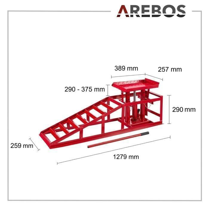 Rampa de acceso AREBOS con gato hidráulico, ajustable de 290 a 375 mm, capacidad de carga de 2 toneladas, para coches, furgonetas y remolques – Juego de 2