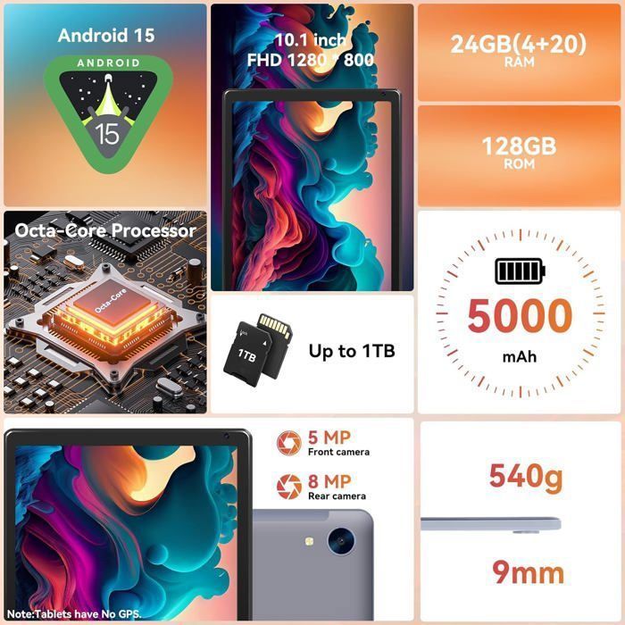 Tablette tactile - KOTSREN - 10.1'' - Android 15 - 24 Go RAM - 128 Go ROM