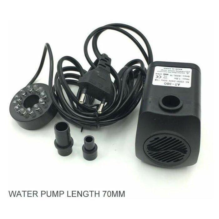 15W fountain pump with a flow rate of 800L/h and 12 integrated LEDs, ideal for ponds and gardens.