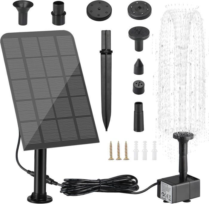 Fuente solar 5V/2.5W 170L/h, bomba de agua solar, con 5 boquillas, cable de 3.25m, bomba solar para estanques, para bebederos de pájaros