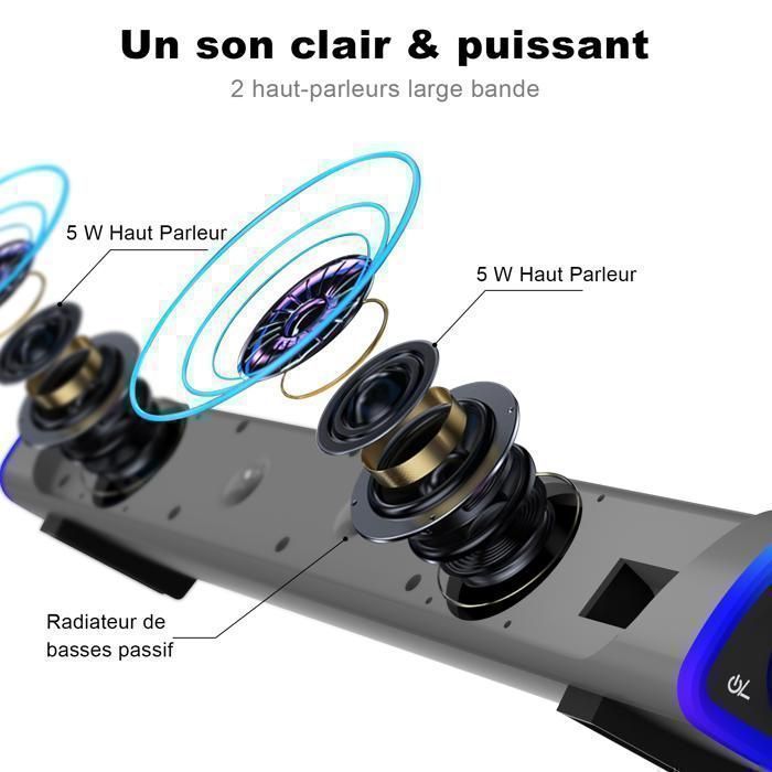 SOULION R30 pc-luidsprekers, soundbar met kleurrijke ledverlichting, voor monitor en laptop, 3,5 mm AUX-ingang, USB-voeding.