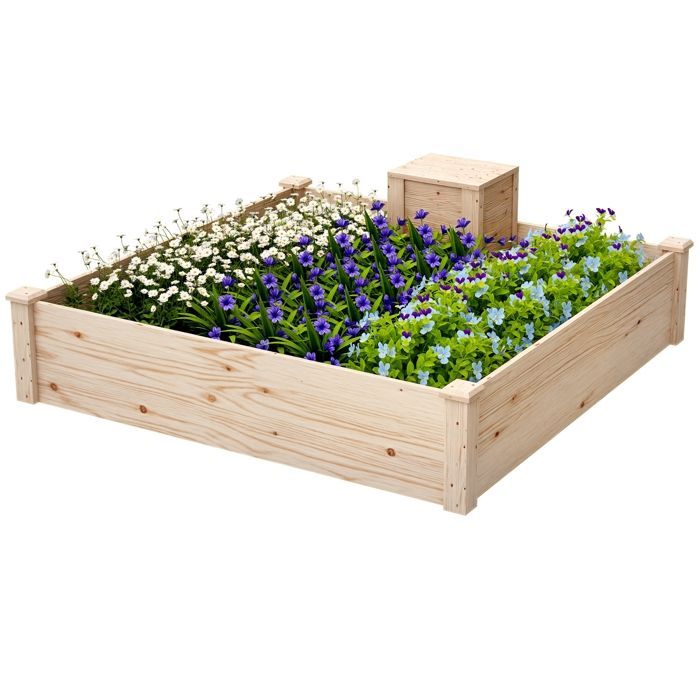 Planter - Outsunny - with compost bin - open bottom design - for vegetables and flowers - made of wood - 123 x 123 x 25.5 cm natural wood