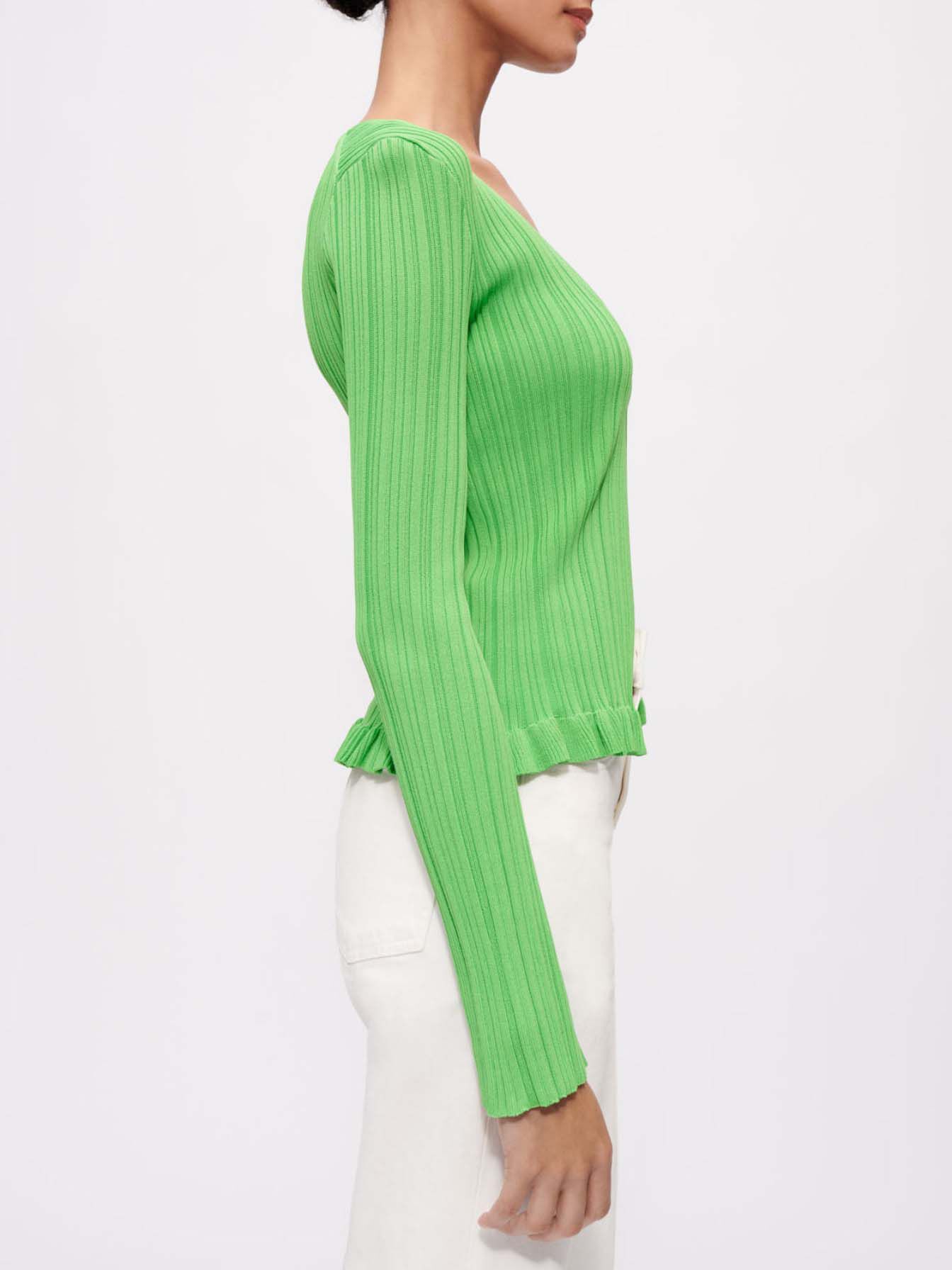 Geribbeld gebreid vest met ruches - Vert