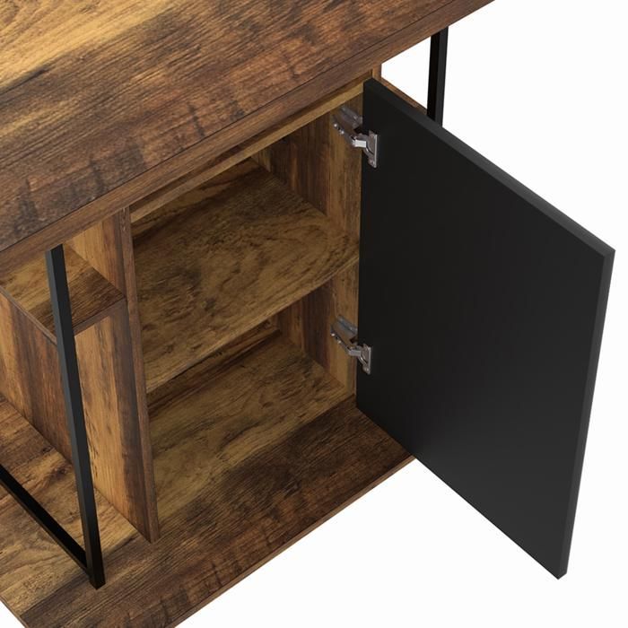 Isla central IDMARKET UGO de 110 cm en madera negra y efecto madera oscura de HAWKINS con almacenamiento de diseño industrial.