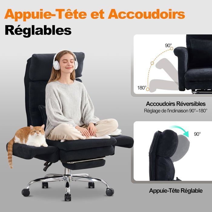 GOOBUY Chaise de Loisirs 226 kg, Fauteuil Pivotant en Chenille, Accoudoirs Rabattables, Coussin Double Couche,  Siege Large, Noir