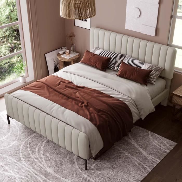 Cama de adulto de 160x200 cm, somier de láminas, cabecero regulable, tapizada en lino, color beige.