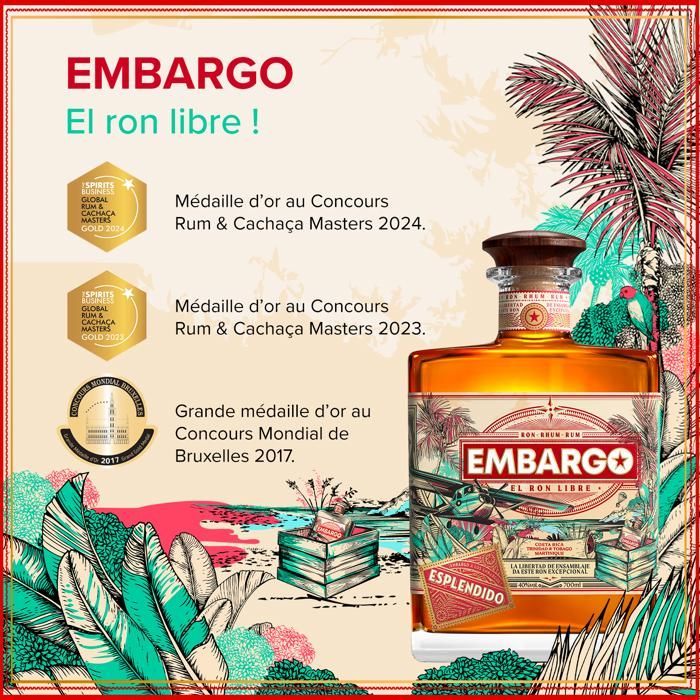 EMBARGO - ESPLENDIDO - Ron - Origen: Costa Rica / Trinidad & Tobago / Martinica - 40% alcohol - Botella 70 cl