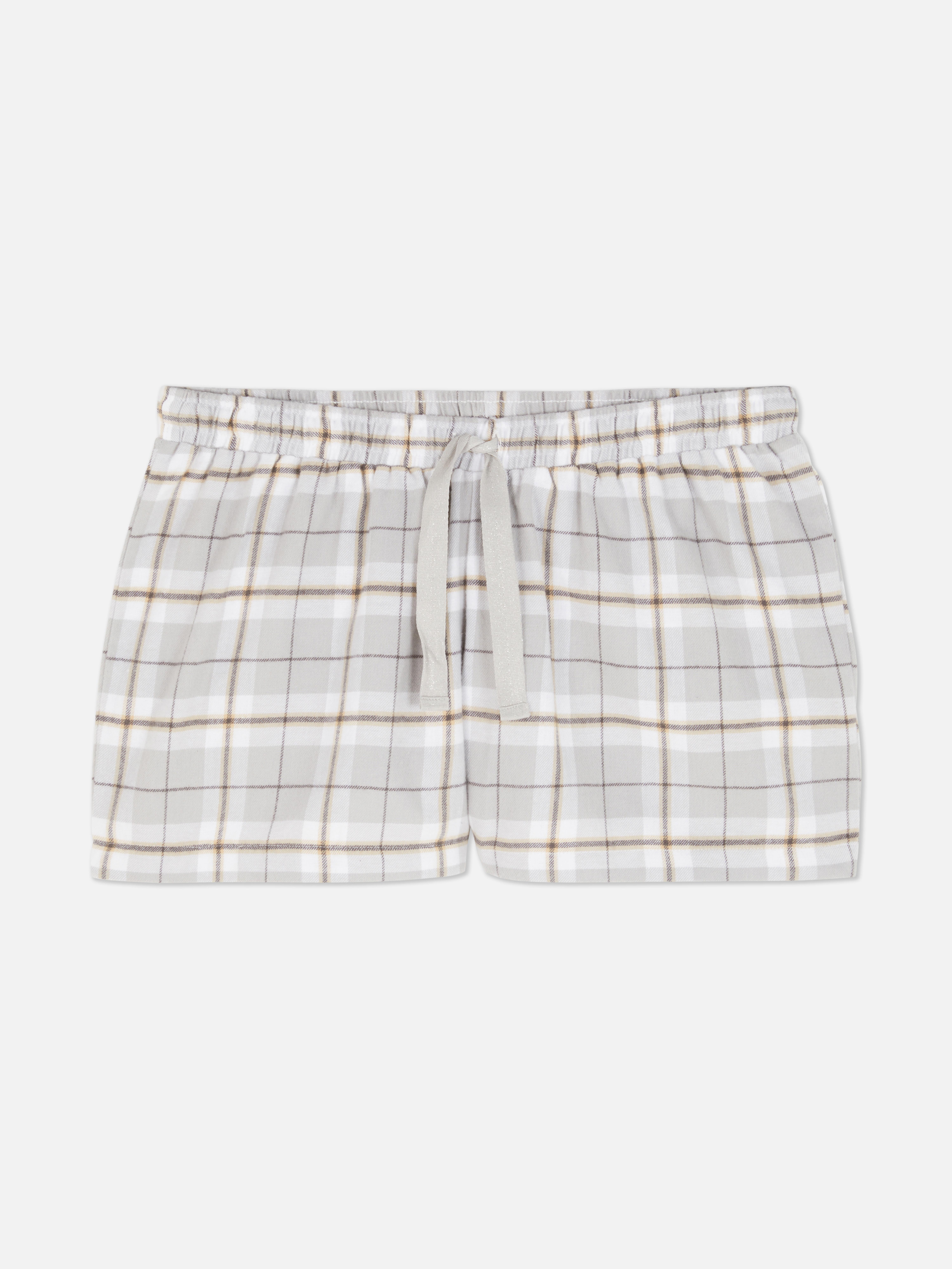 Pantaloni scurți de pijama din flanel în carouri. Acești pantaloni scurți de pijama călduroși sunt un model clasic, cu un model neutru, în carouri, delicat.
