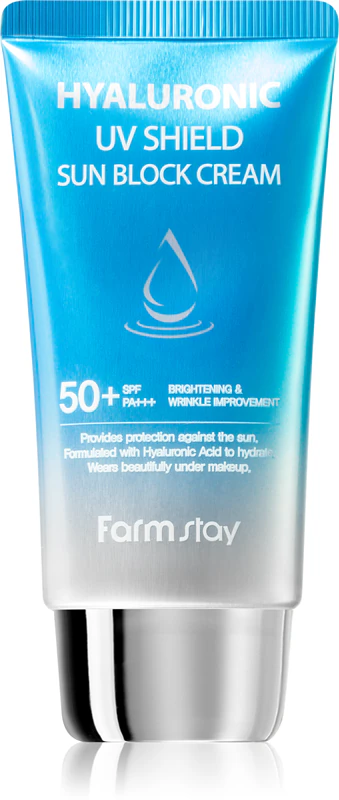 Farmstay Hyaluronic UV Shield Sun Block Cream, een beschermende gezichtscrème met hyaluronzuur.