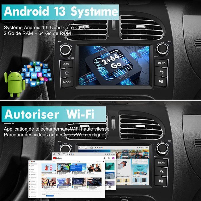 AWESAFE Autoradio Android 13 2Go+64Go pour Peugeot 206 (2002-2010) avec 7 '' Écran Tactile GPS Carplay Android Auto Bluetooth