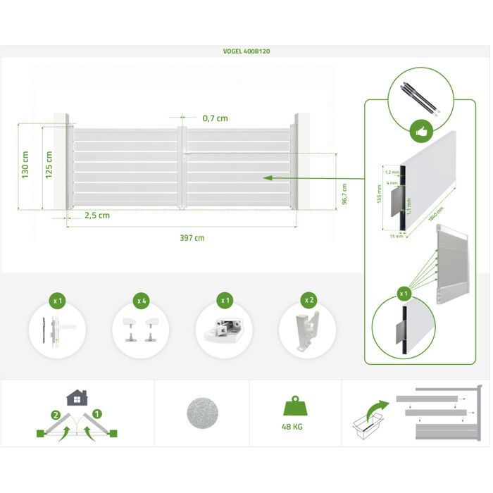 Puerta batiente y kit de motorización - Casanoov - VOGEL - 4 m de altura (125 cm) - Blanco - Aluminio / Motorización HIKER B200