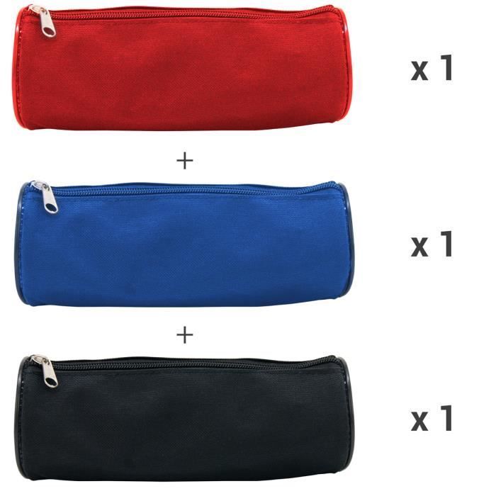 Trousse - WAYTEX - Lot de 3 - Multiusage - 21cm x 7.5cm - Couleurs assorties Noir, Rouge, Bleu