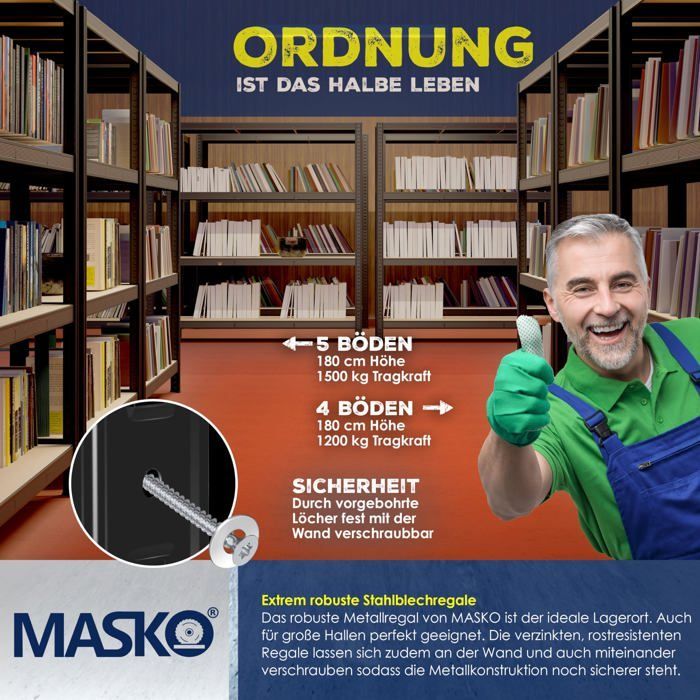 Estantería metálica de alta resistencia MASKO®, máx. 1200 kg | Estantería de 4 niveles para almacenamiento y organización en garaje y taller, color negro.