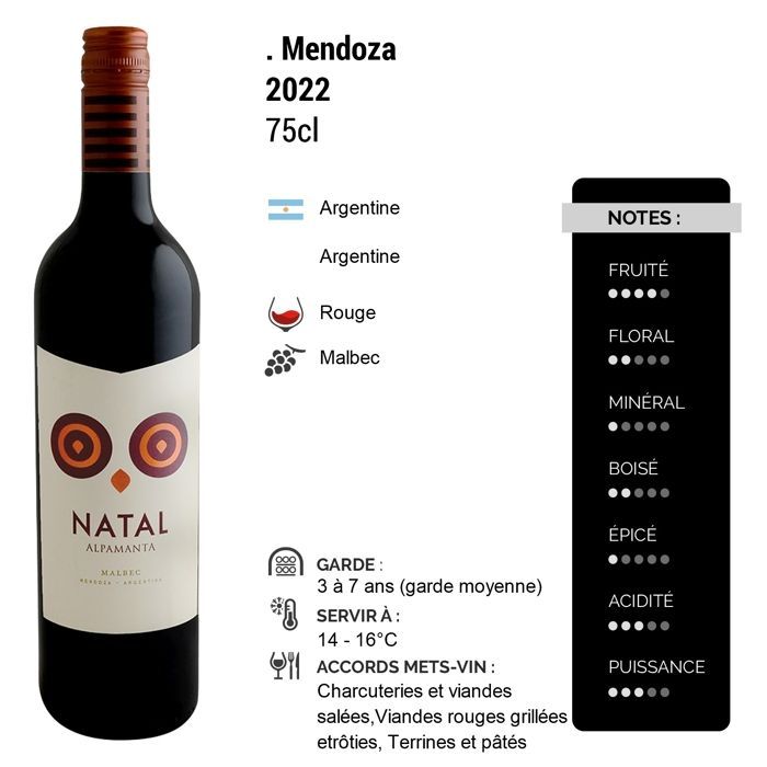 Alpamanta Mendoza Natal Malbec 2022 - Vino rosso argentino (6x75cl) biodinamico