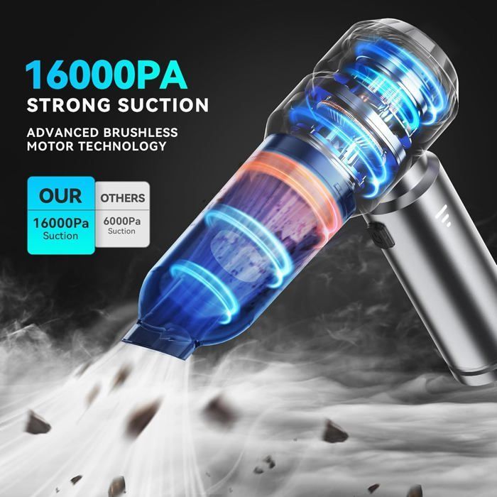 Aspiradora de mano, potente aspiradora inalámbrica de 16000 Pa para coche, portátil y recargable por USB, ideal para coche, mascotas y hogar, color plata.