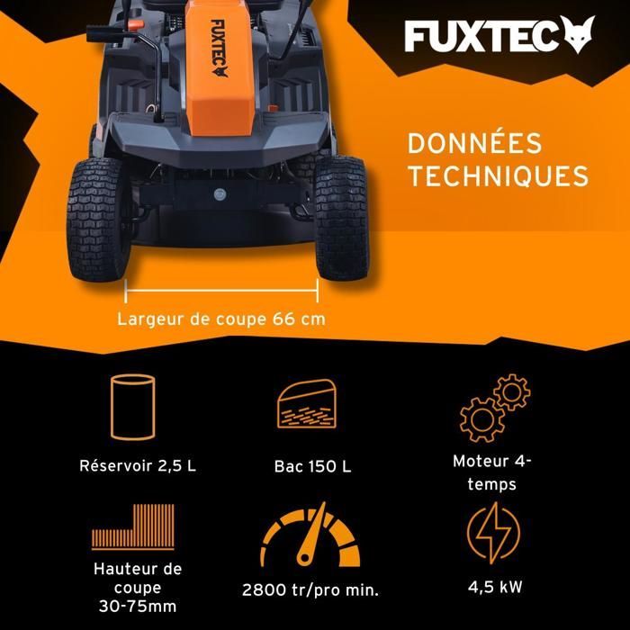 FUXTEC FX-RMR66 zitmaaier, 6 pk gazontractor, 66 cm maaibreedte, 150 liter grasopvangbak, verstelbare maaihoogte
