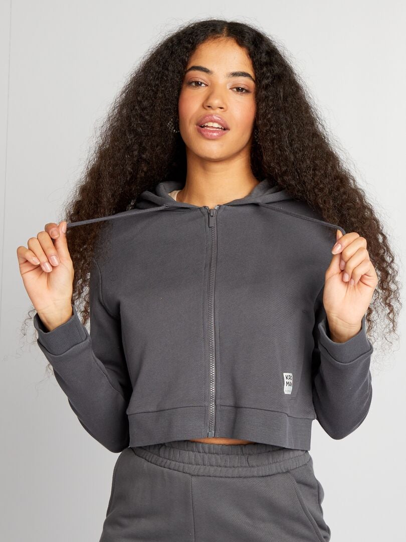 Effenkleurige hoodie met rits - GRIJS