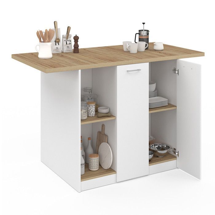 Isla central IDMARKET BAO de 140 cm para 4 personas, madera blanca con encimera efecto haya.