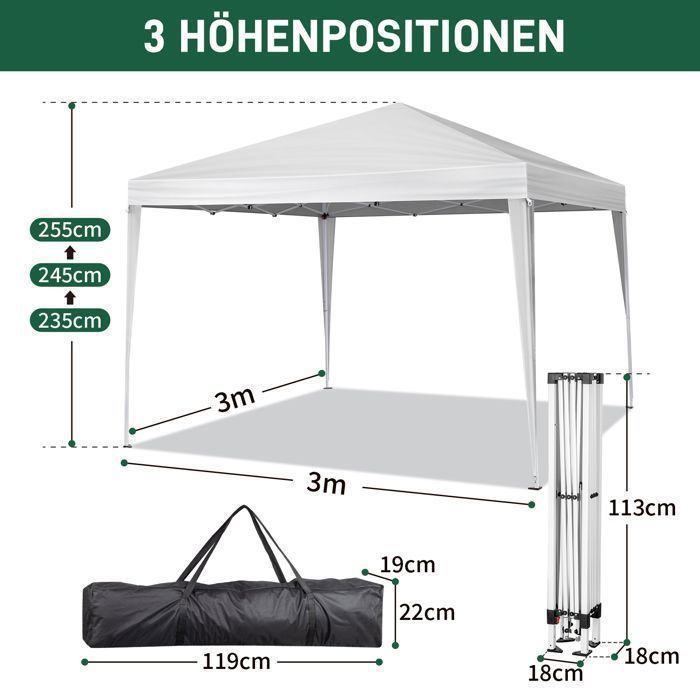 Gartenpavillon, Empfangszelt, Festzelt – 3 x 3 m, mit 4 Ballastsäcken, Faltpavillon, Gartenzelt, weiß