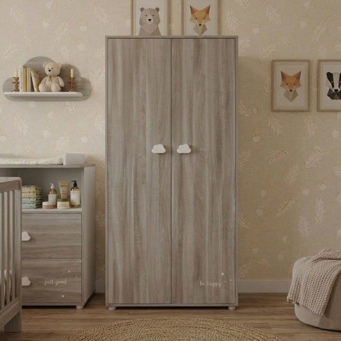 Armario infantil Smile Bear - Roble Flint - Blanco - 2 puertas - 168x85x57cm - Babyprice