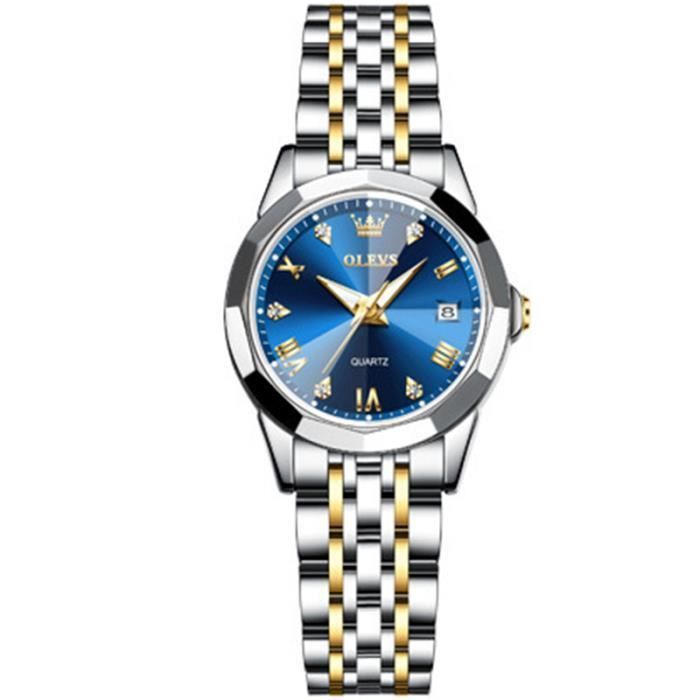 Montre femme de luxe de marque haute qualité mode bracelet en acier étanche à l'eau afficher le calendrier diamant bleu