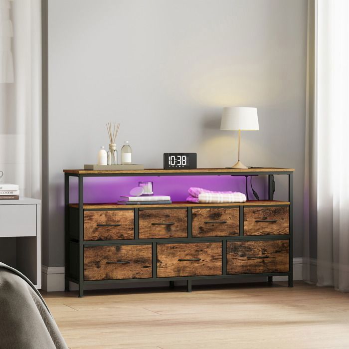 Commode avec LED Réglable et Multiprise, 7 Tiroirs en Tissu, Style Industriel, Chambre, Marron et Noir